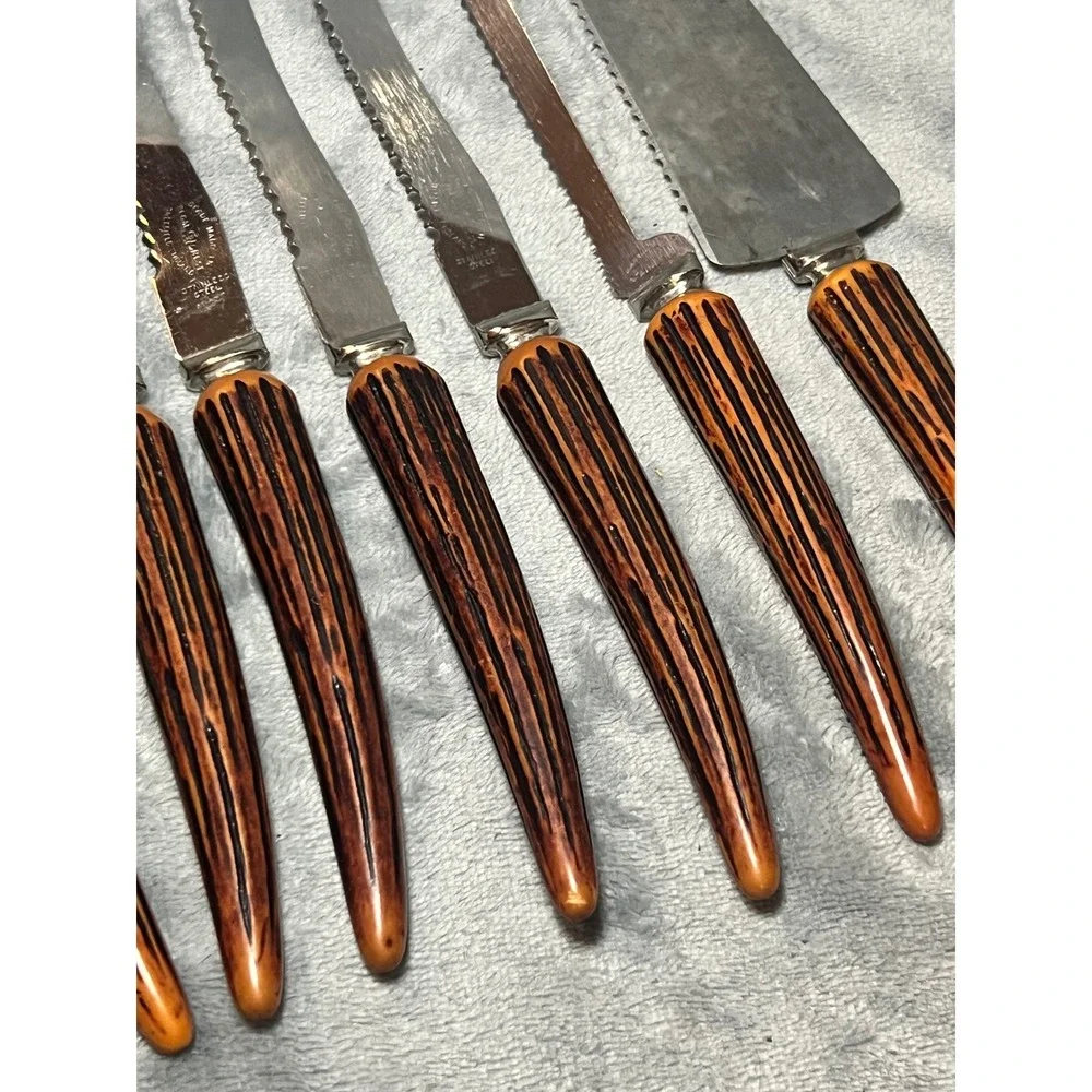 Vintage Regal Crest Sheffield England Knife Set 8 Faux Stag Handles MCM USA